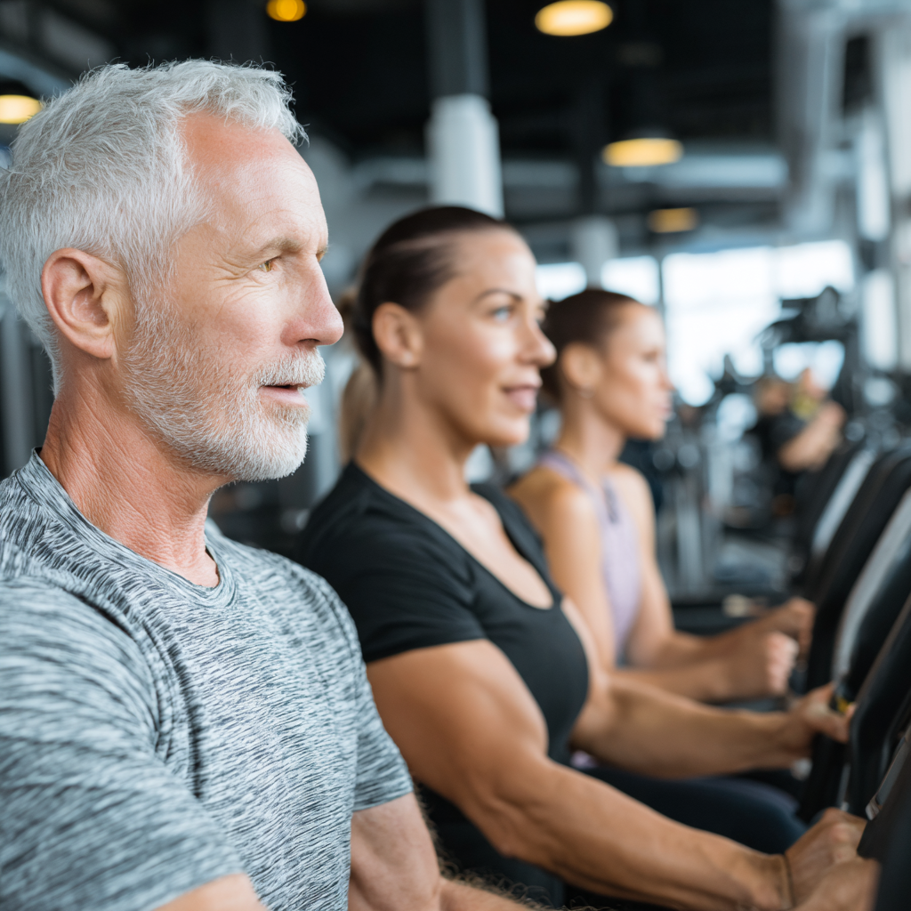 Active adults training in modern fitness facility with professional equipment