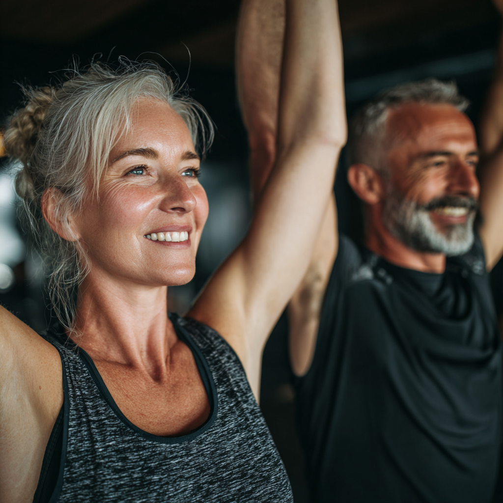 Middle-aged woman and man exercising together showing positive emotions and energy