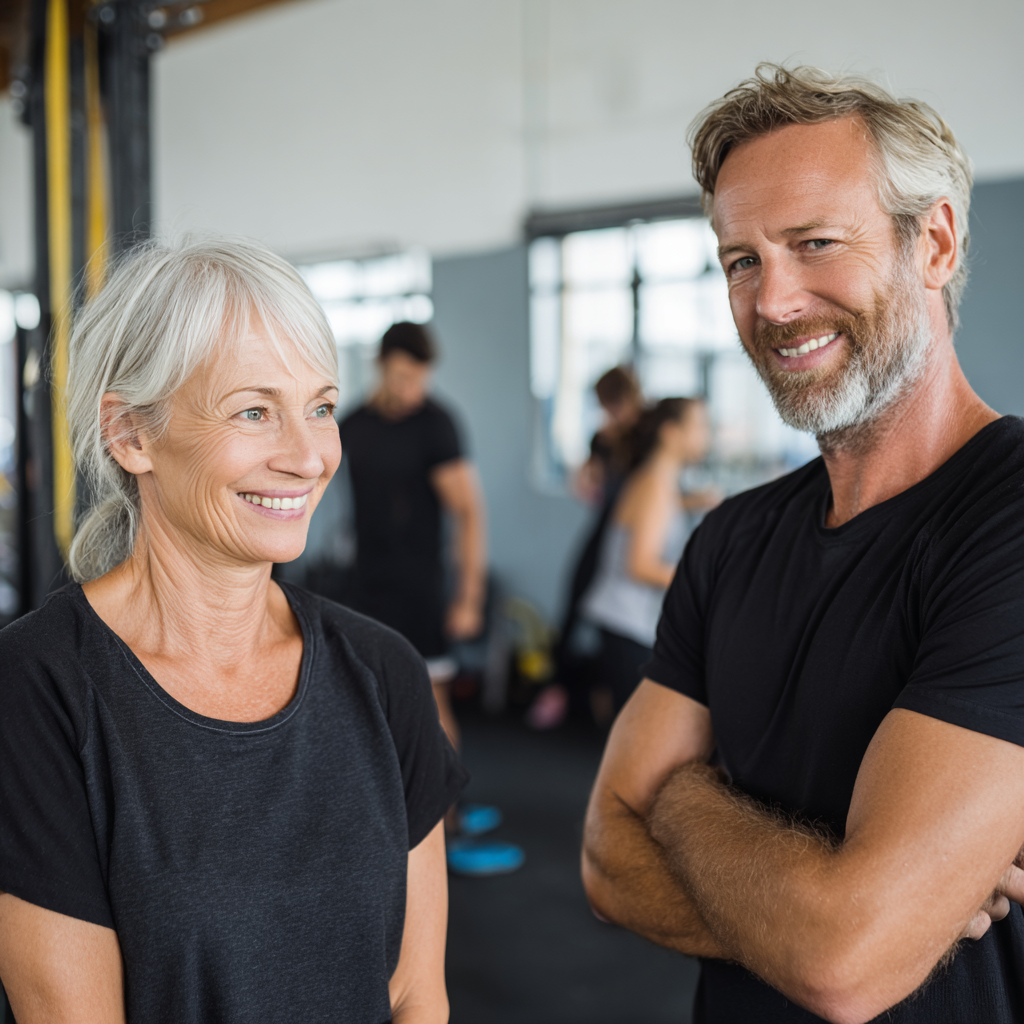 Professional fitness trainers and mature adults working together in supportive environment
